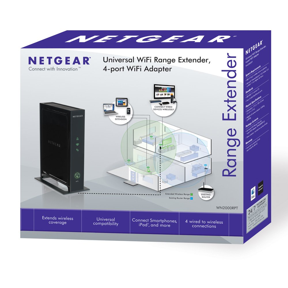 NETGEAR N300 Wi-Fi Range Extender - Desktop Version with 4-Ports (WN2000RPT)