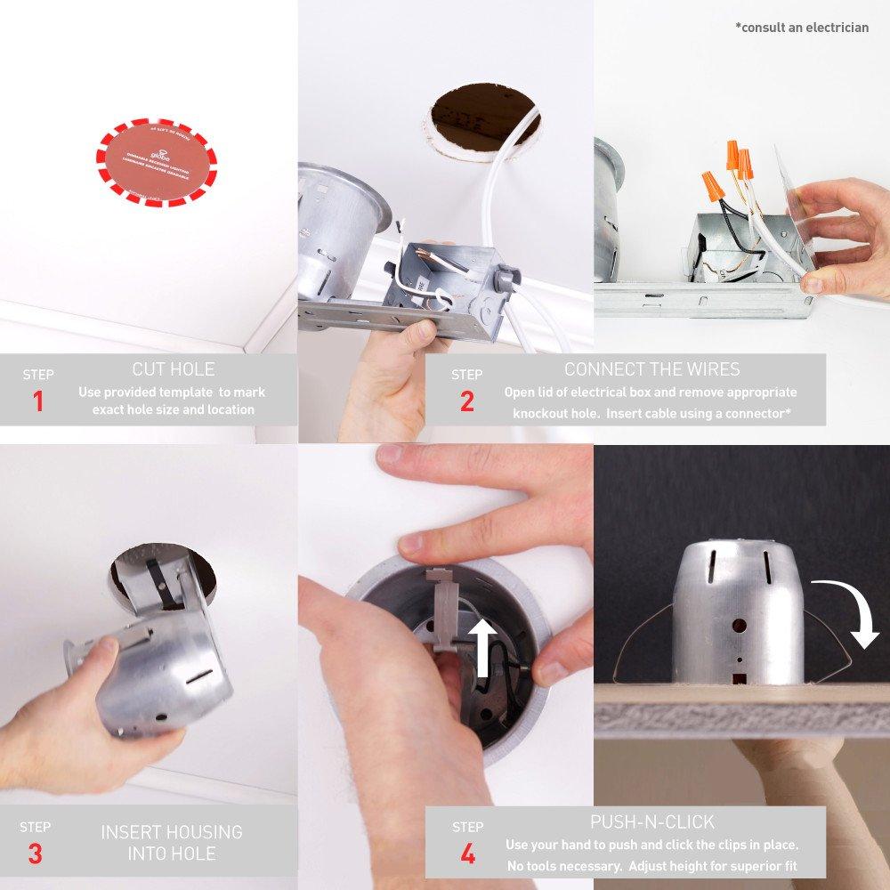 Globe Electric 4" LED IC Rated Die-Cast Swivel Baffle Square Trim Recessed Lighting Kit, White, Easy Install Push-N-Click Clips, LED Bulb Included, 3.88" Hole Size 90738