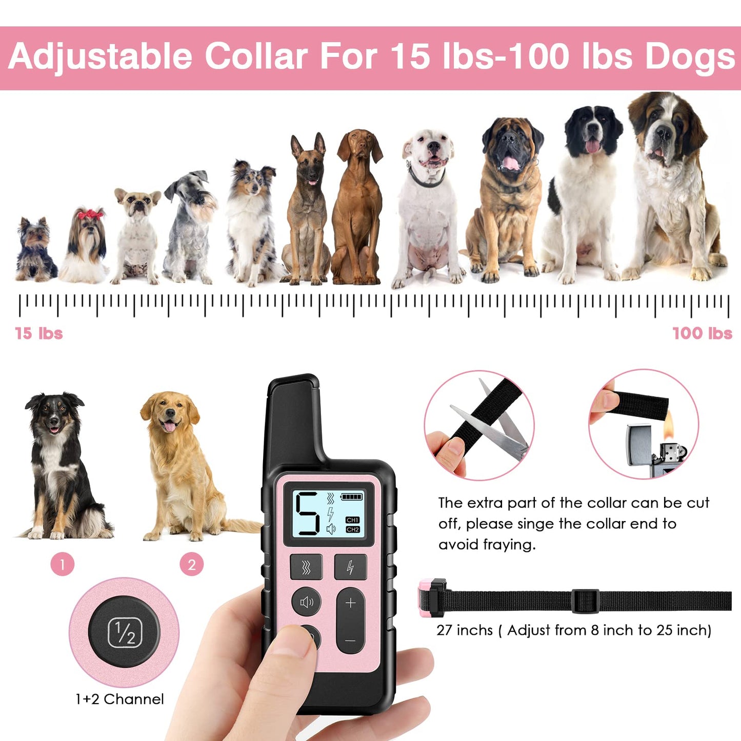 HKZOOI Dog Training Collar, Waterproof Shock Collars for Dog with Remote Range 1640 ft, 3 Training Modes, Beep, Vibration and Shock, Electric Dog Collar for Small Medium Large Dogs (Pinks)