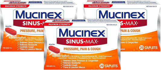 3 PACK Mucinex Sinus Max Pressure Pain & Cough Max Strength 20 Caplets Exp 12/22