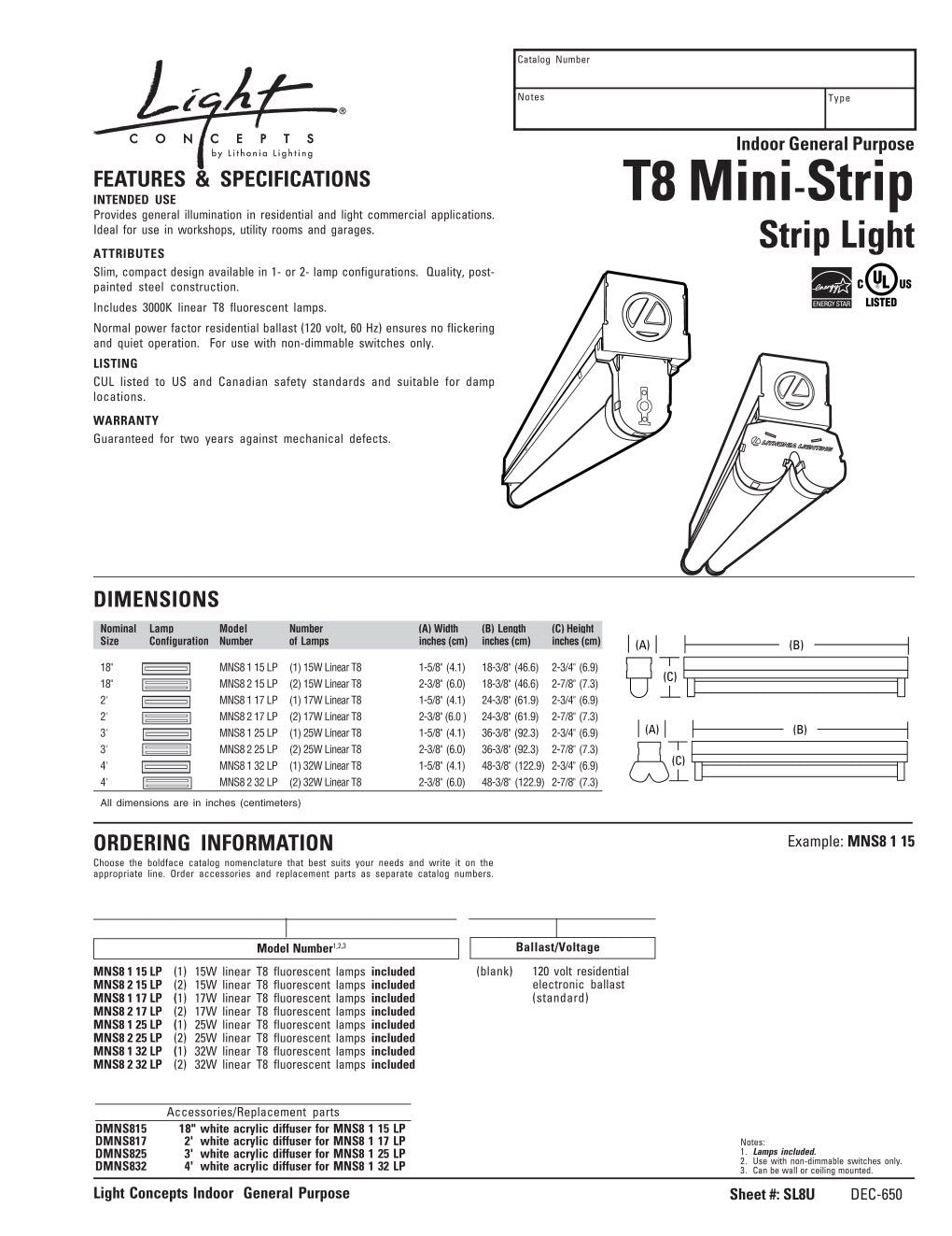 Lithonia Lighting MNS8 2 25 120 RE 2-Light T8 Mini-Strip Light for Residential Use, 3-Feet