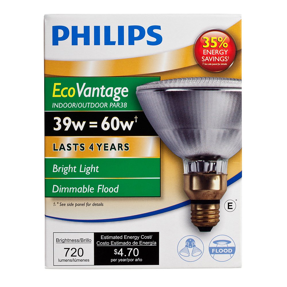 PACK OF 6 Philips 421289 Halogen PAR38 60 Watt Equivalent Dimmable Flood Standard Base Light Bulb, Long Life