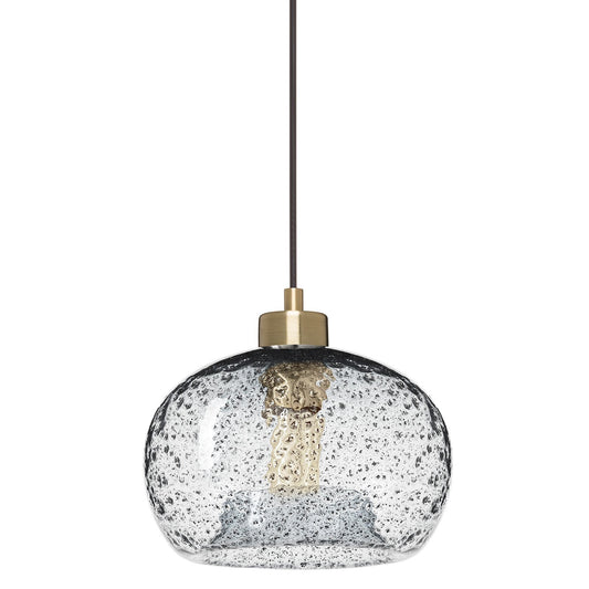 CASAMOTION Pendant Light Handblown Glass Drop Ceiling Lights, Rustic Hanging Light Seeded Clear Glass with Black Sand Powder, Brushed Brass Finish