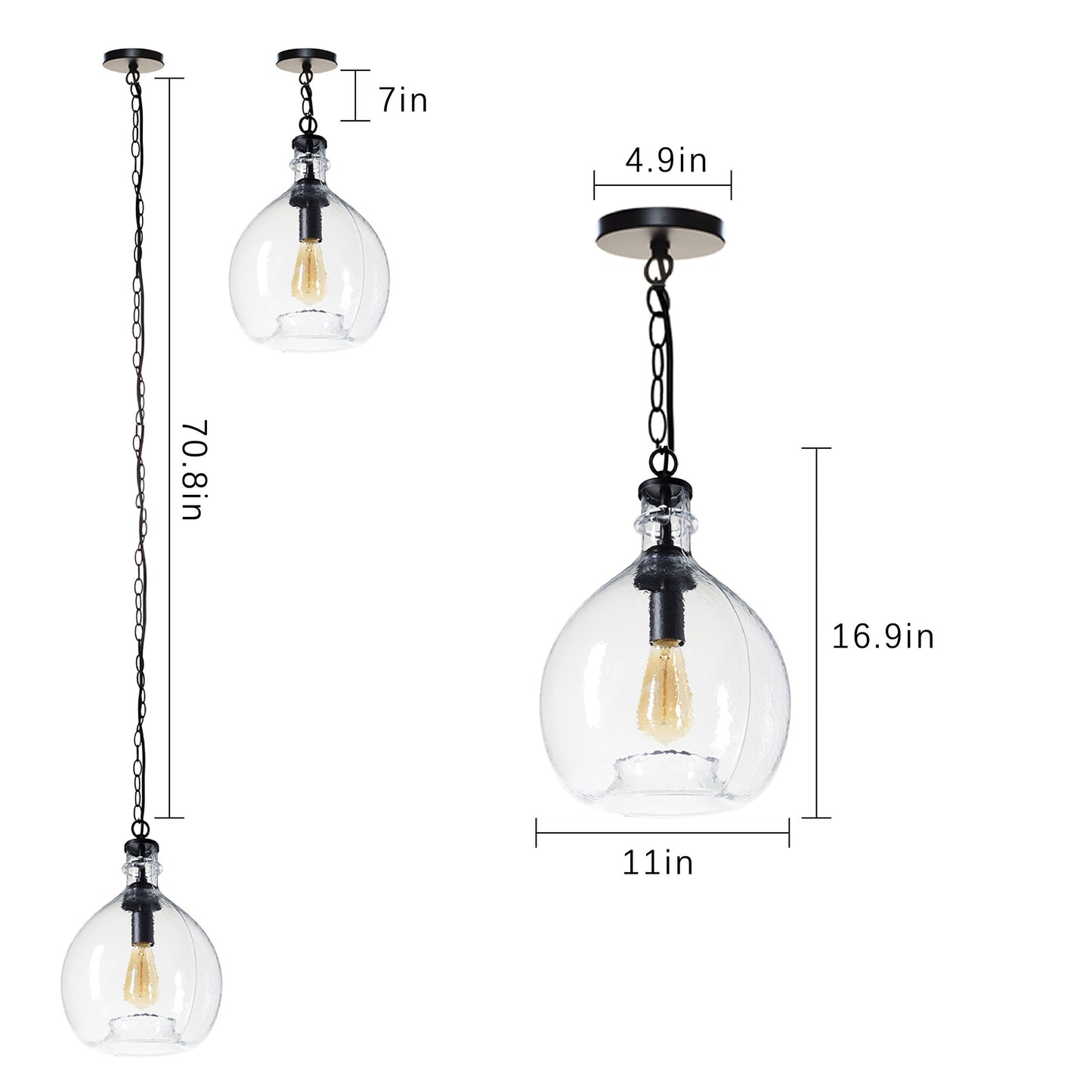 CASAMOTION Wavy Hammered Hand Blown Glass Pendant Light, 1 hanging Light, 11'' diam.16.9''h, Clear