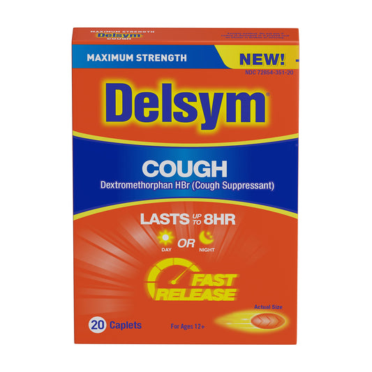 Delsym Fast Release Caplets, Lasts up to 8 Hour Day or Night, 20 Count 6/2023