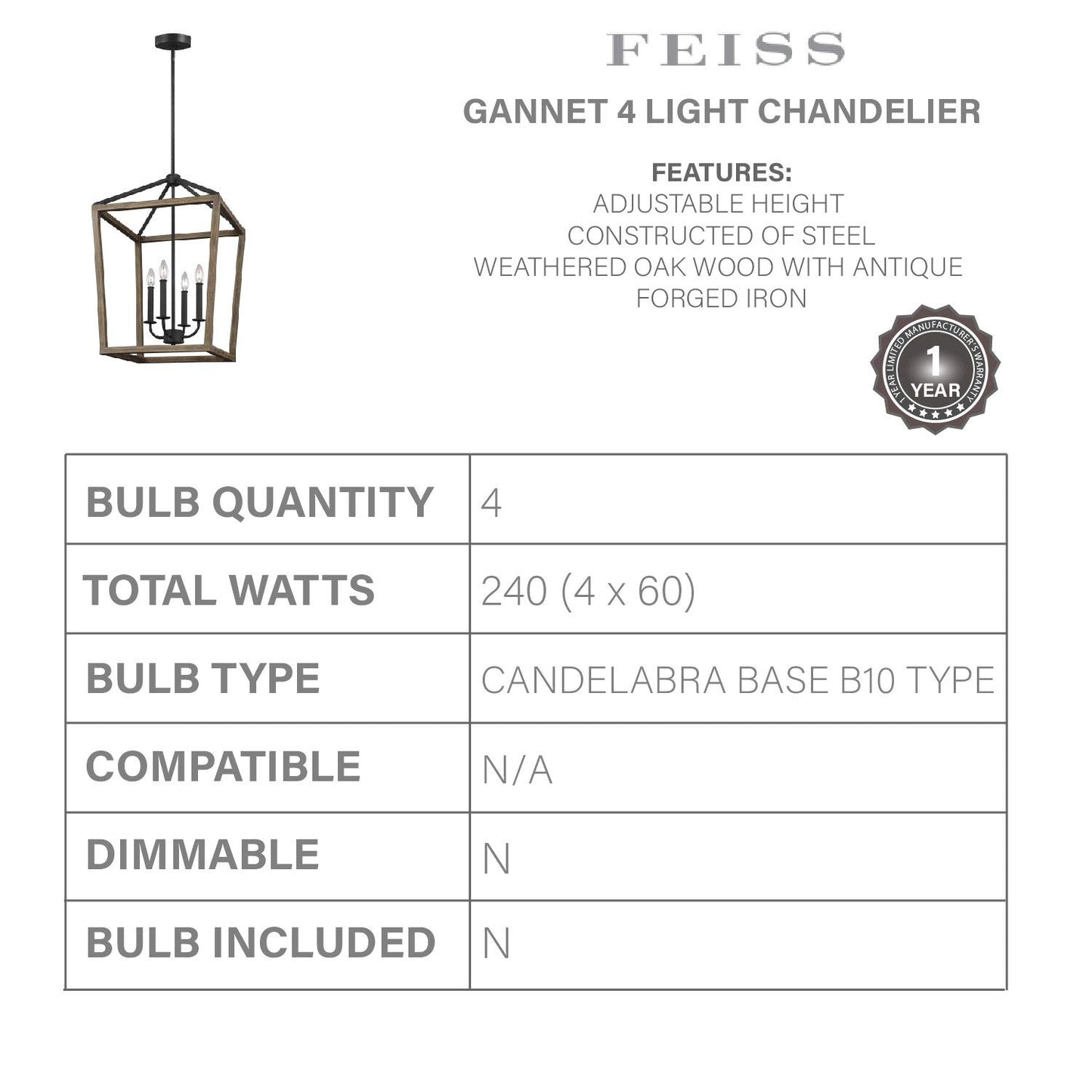 Feiss F3190/4WOW/AF Gannet Wood Lantern Pendant Lighting, Brown, 4-Light (12"W x 17"H) 240watts
