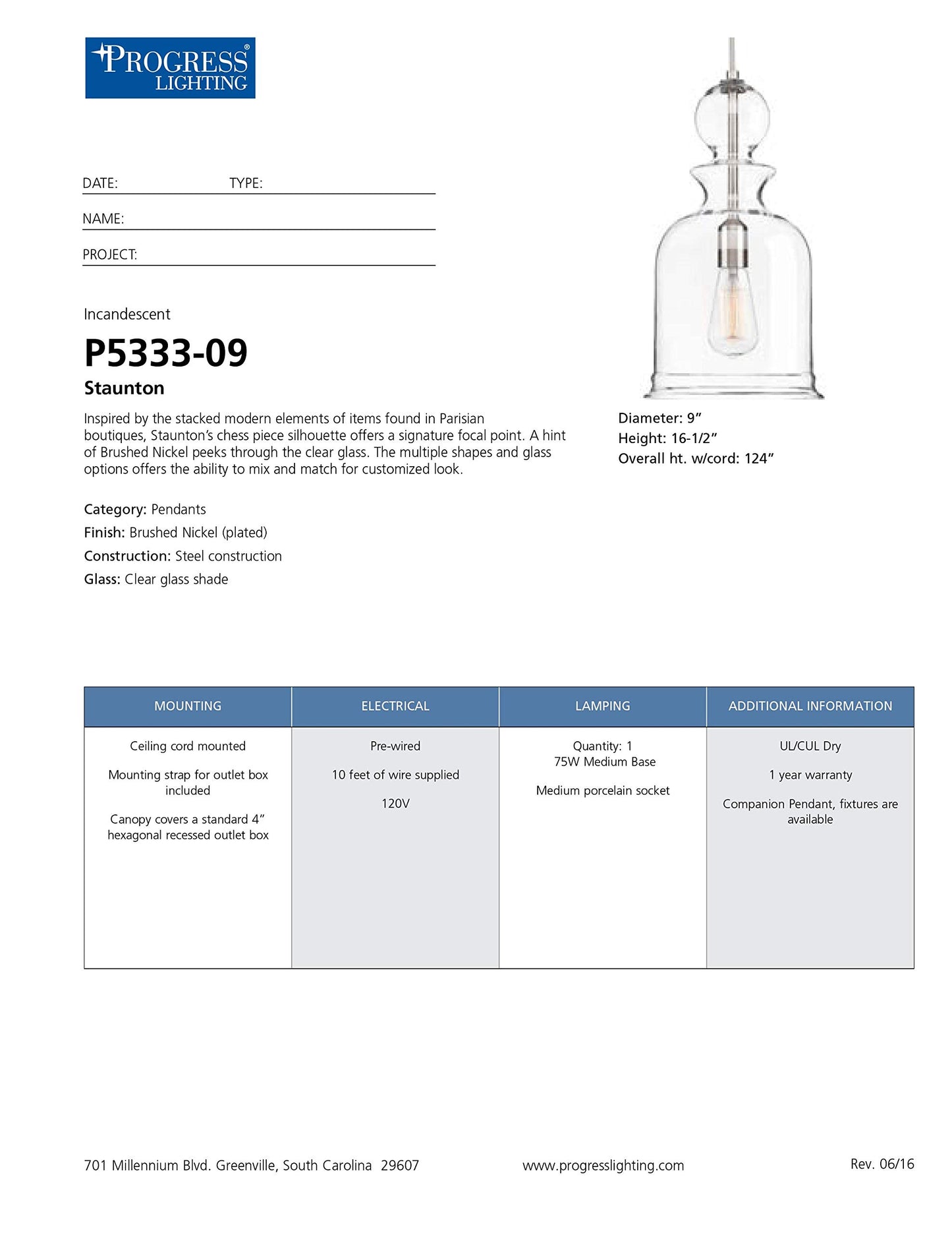 Progress Lighting P5333-09 Staunton One-Light Pendant, Brushed Nickel