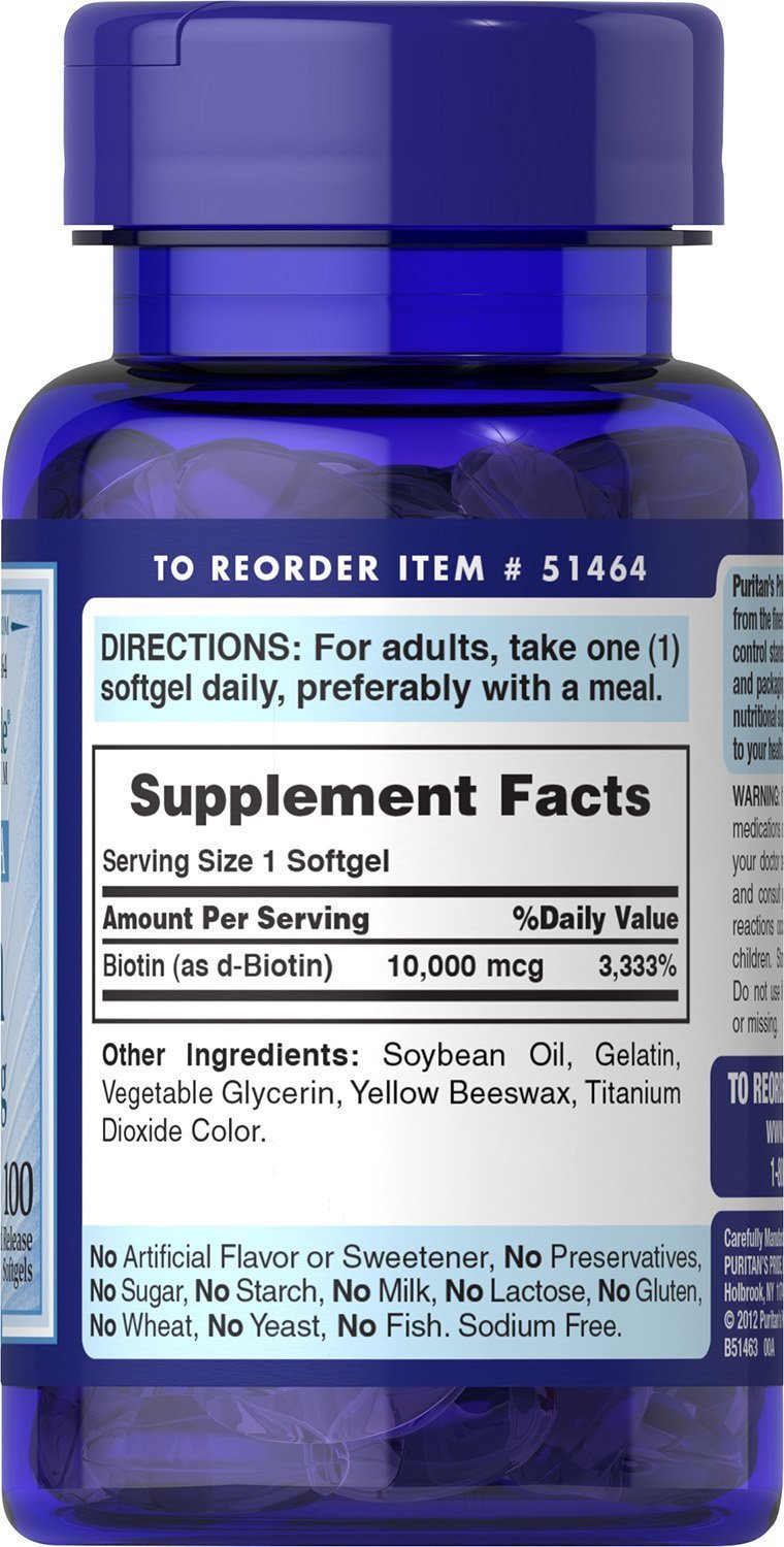 Puritans Pride Biotin 10000 Mcg Softgels, 100 Count