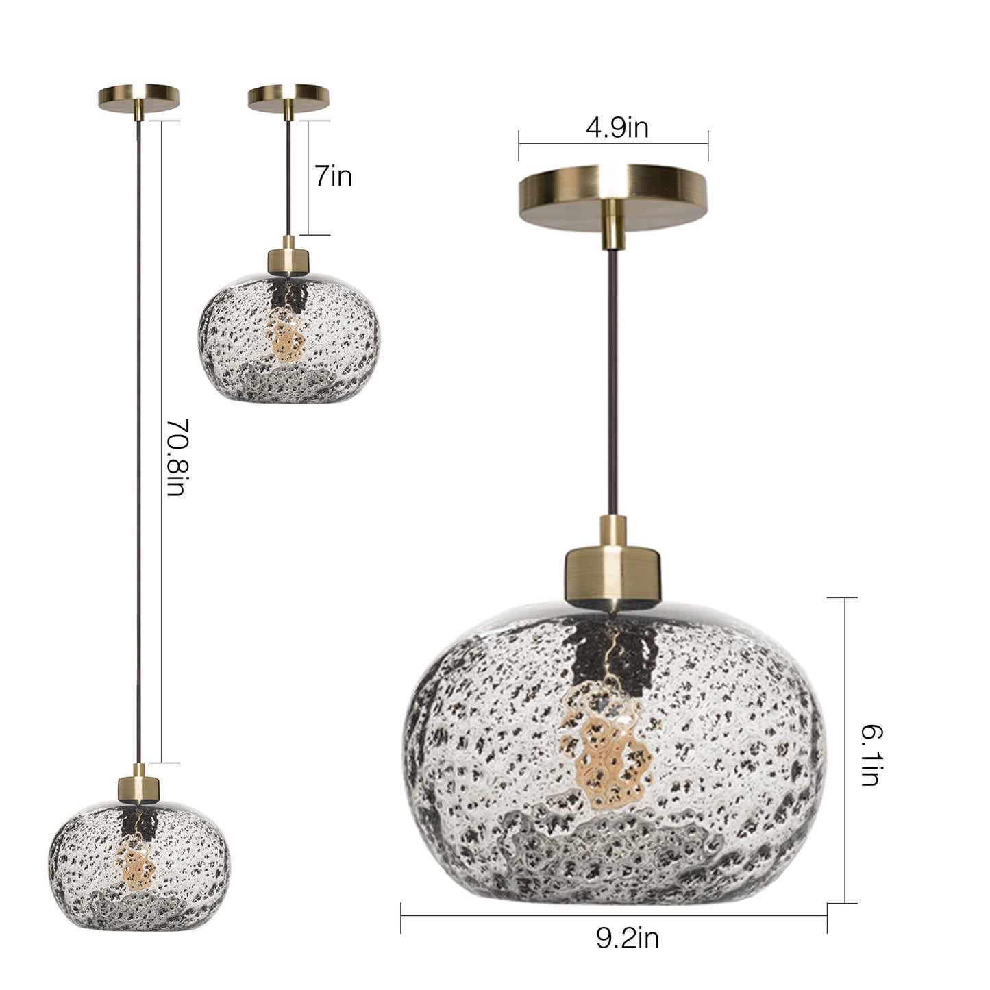 CASAMOTION Pendant Light Handblown Glass Drop Ceiling Lights, Rustic Hanging Light Seeded Clear Glass with Black Sand Powder, Brushed Brass Finish