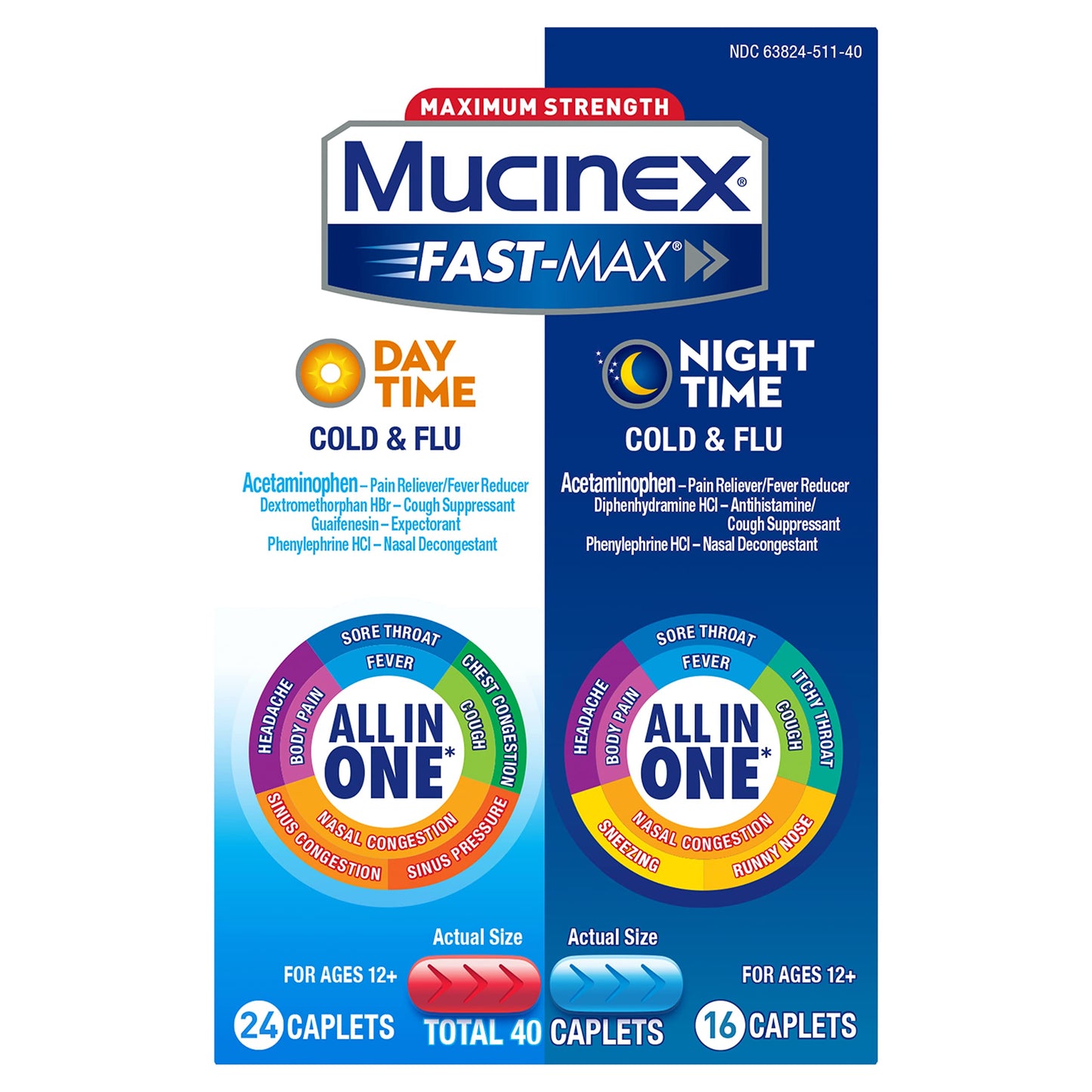 Mucinex Max Strength Fast-Max Day& Night Cold& Flu Caplets - 40 Ct. Exp: 2/23