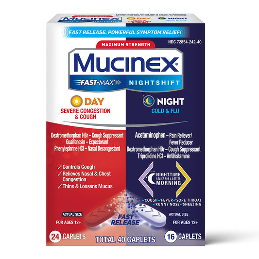 Mucinex 24 Fast Max Daytime and 16 Nightshift - 40 Total Caplets Exp 1/2023