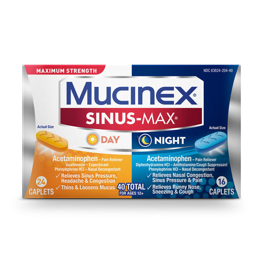 Mucinex Sinus-Max Maximum Strength Day and Night 40 Count Damaged Box 2/2023