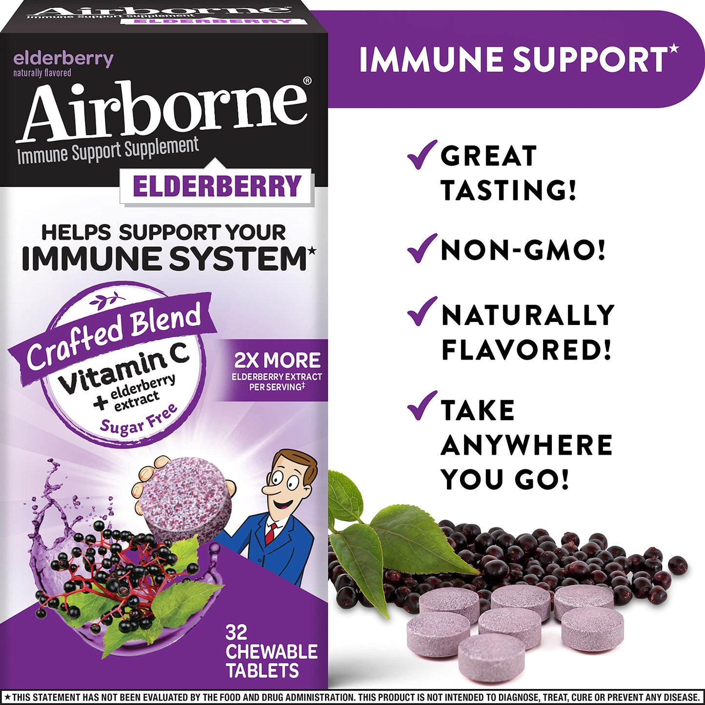 NEW Airborne Elderberry Immune Support Supplement 32 chewable tablets EXP 12/23