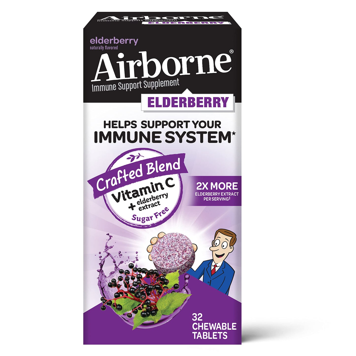 2 Airborne Immune Support Supplement Elderberry Flavor 32 Chew Tablets exp 6/23