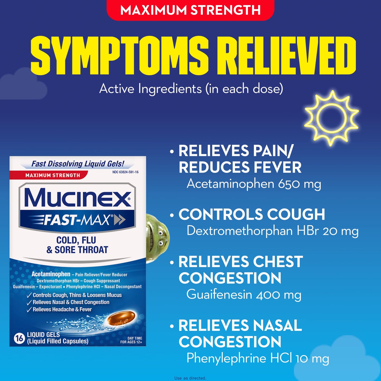 Mucinex Fast Max-Maximum Strength Cold Flu & Sore Throat-16 Liquid Gels NO BOX