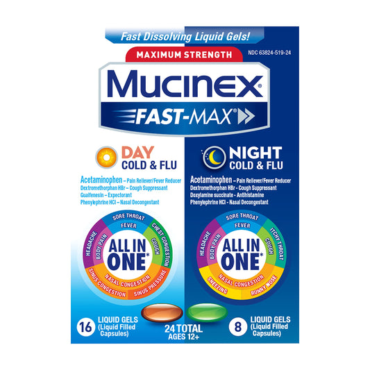 Mucinex Maximum Strength Fast-Max Day Severe Cold and Night Liquid 7/23 NO BOX