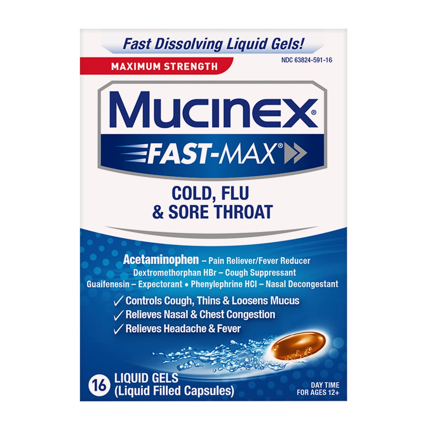 Mucinex Fast Max-Maximum Strength Cold Flu & Sore Throat-16 Liquid Gels NO BOX