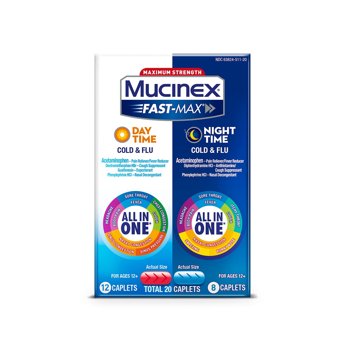 Mucinex Max Strength Fast-Max Day& Night Cold& Flu Caplets - 20 Count Exp: 2/23