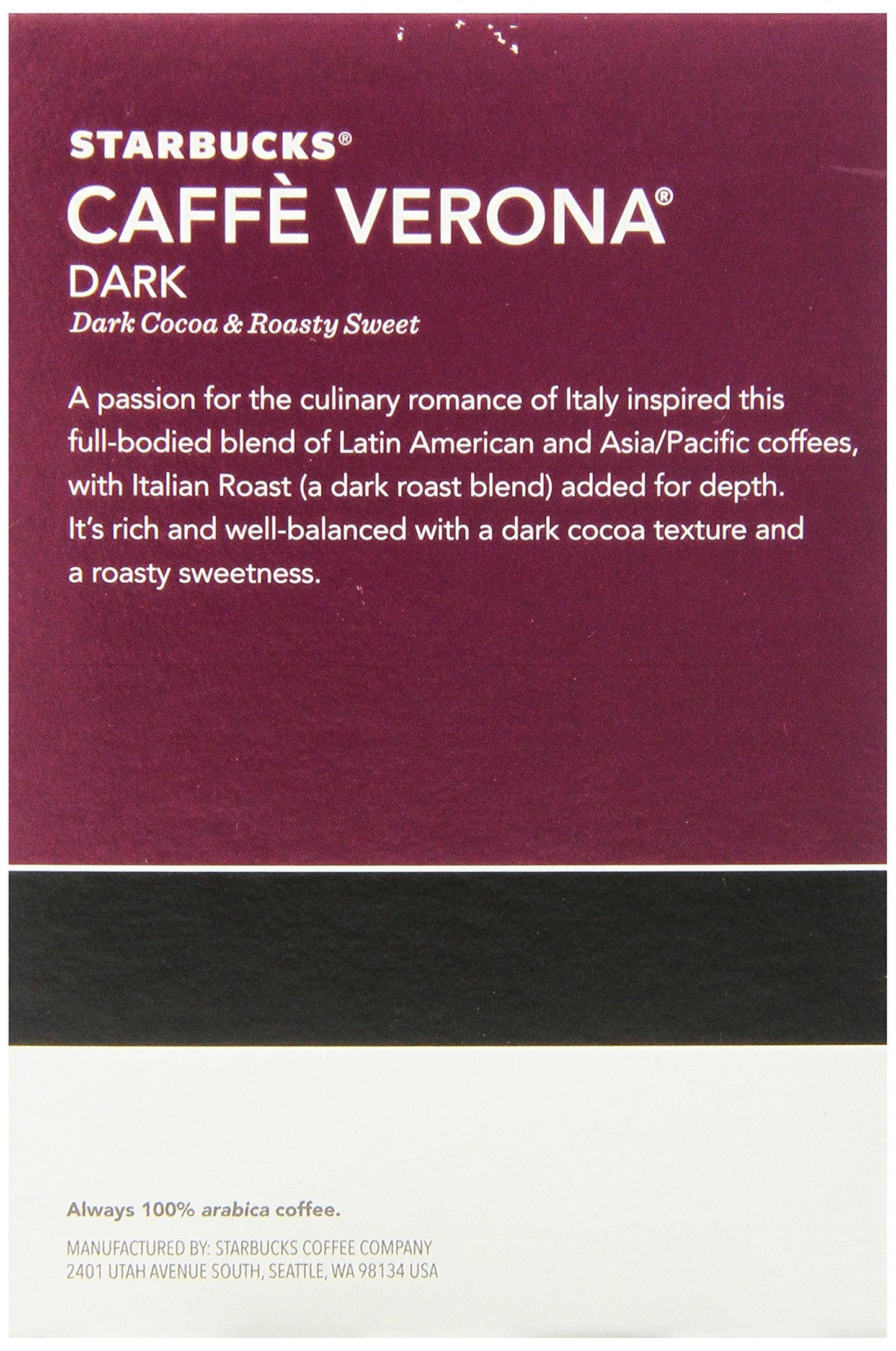 Starbucks Cafe Verona Dark Roast K-cups case of 4/16 (64 count) BB November 2019