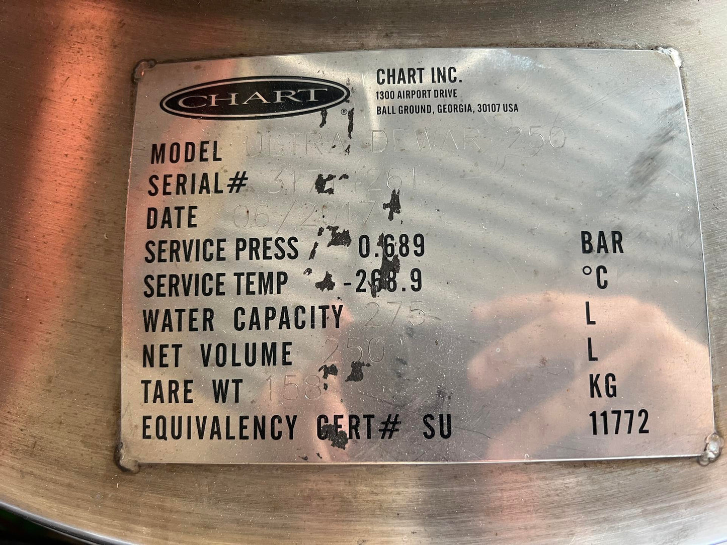 Chart Ultra Dewar 250 Helium Containment Empty Cylinder