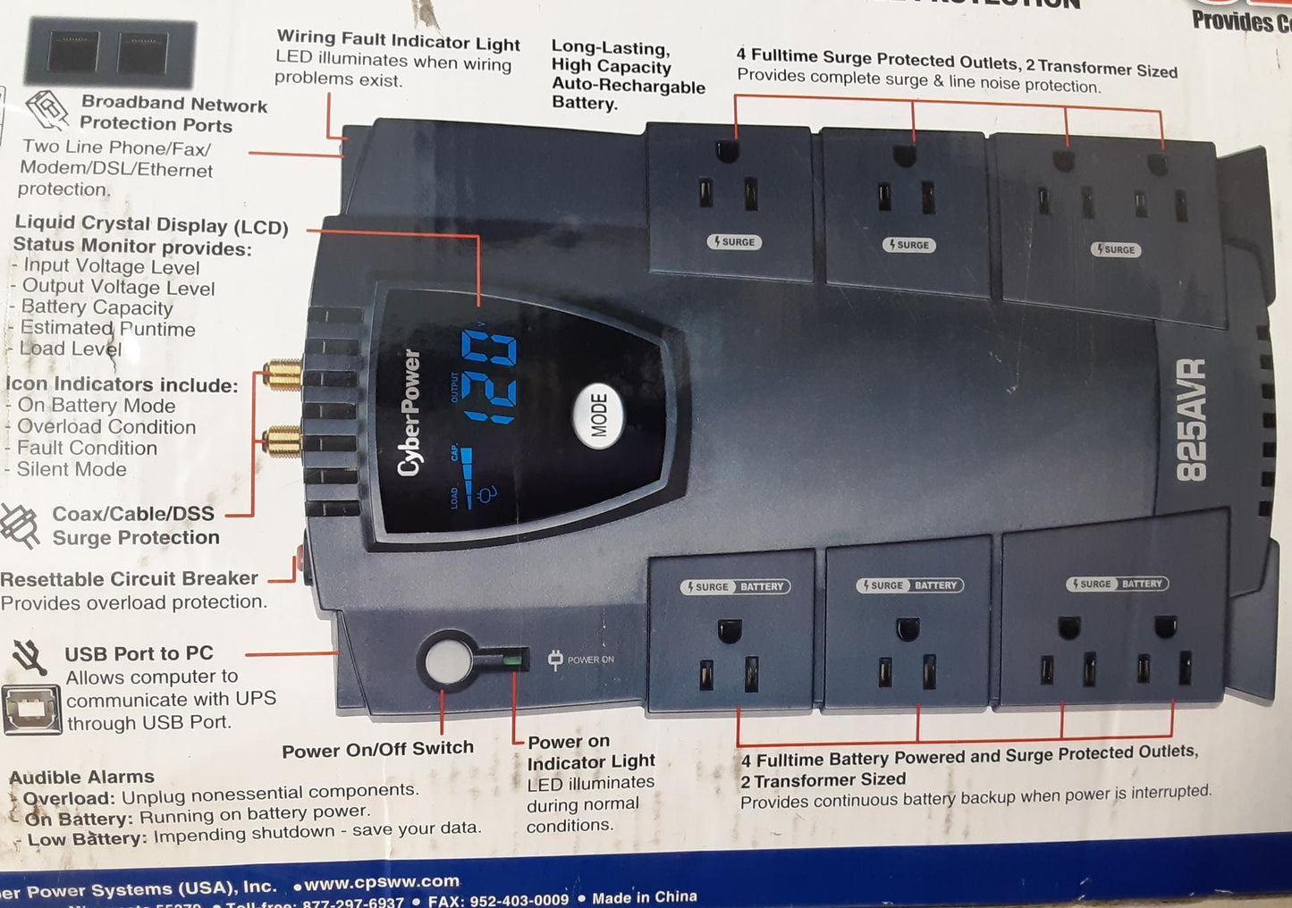 CyberPower CP825AVRLCD Intelligent LCD UPS System, 825VA/450W, 8 Outlets, AVR,