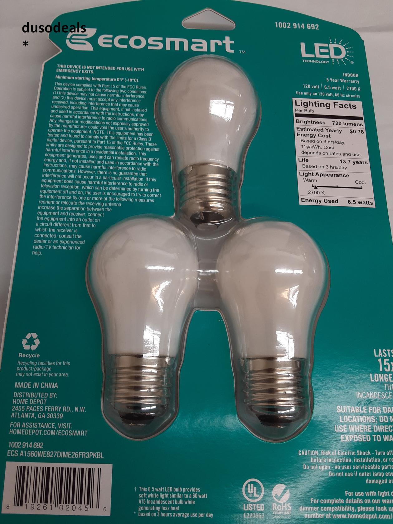 EcoSmart 60W-A15 Dimmable Frosted Glass LED Light Bulb Soft White 3 pack