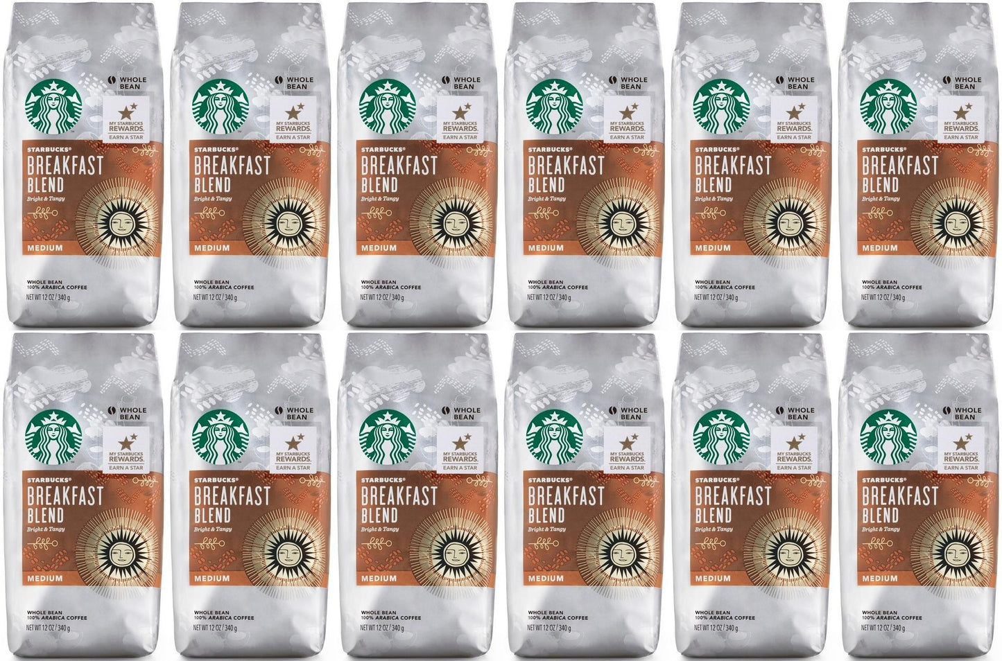 12 PACK Starbucks Breakfast Medium Roast Whole Bean Coffee Best By August 2020