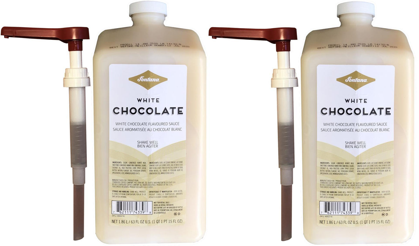 2 PACK Fontana White Chocolate Mocha Sauce w/PUMPS! BEST BY 05-24-2020