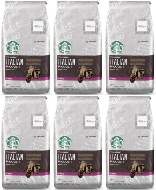 Starbucks Italian Roast Coffee, Dark Roast, Ground Coffee, 6 Bags, 20oz, 12/2020