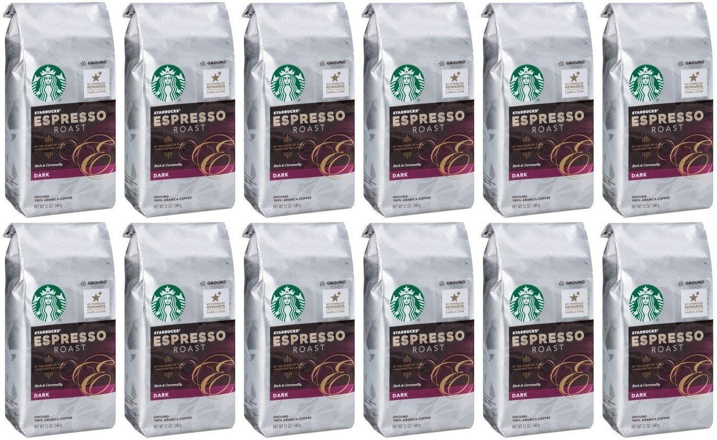 12 PACK Starbucks Espresso Dark Roast Ground Coffee Best Before 1/2021