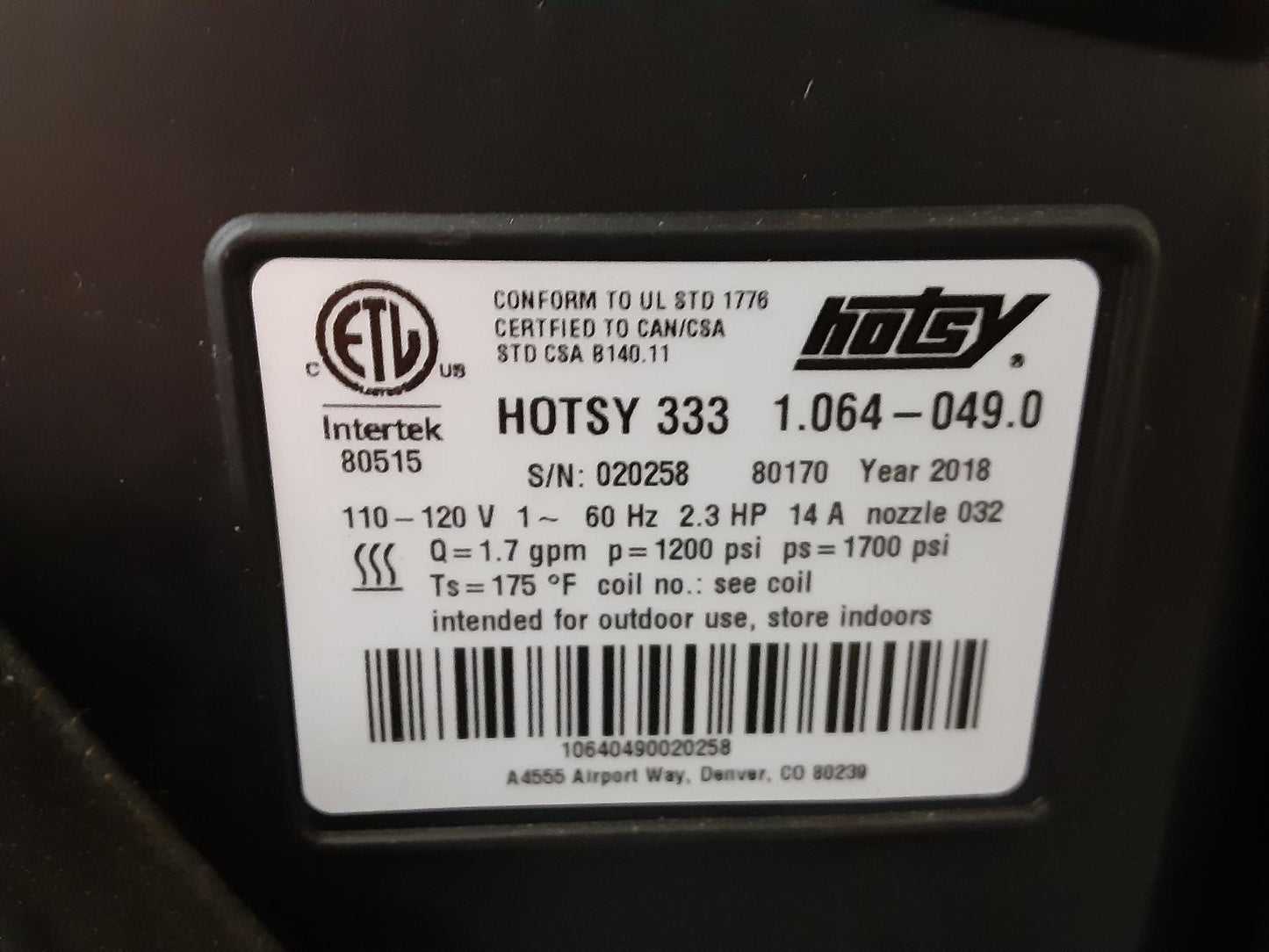 HOT WATER ELECTRIC PRESSURE WASHER - 333 MODEL- MISSING PARTS- USED