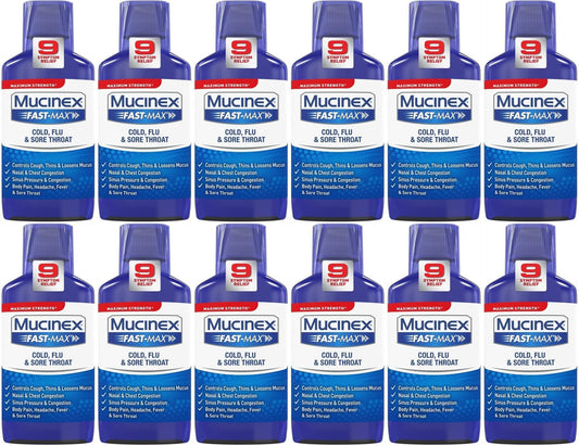 12 Pack Mucinex FastMax Cold Flu Sore Throat Relief Liquid Fluid Ounce, 6 Fl Oz