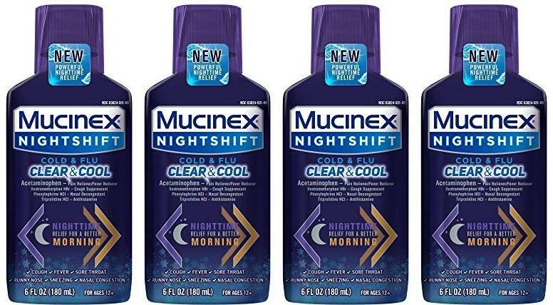 LOT OF 4 Mucinex Nightshift Cold & Flu Clear & Cool Liquid, 6 Fl Oz EXP 08/2022