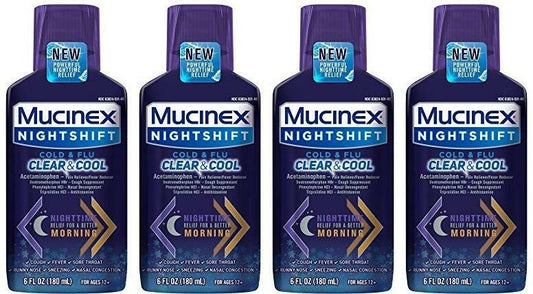 LOT OF 4 Mucinex Nightshift Cold & Flu Clear & Cool Liquid, 6 Fl Oz EXP 08/2022