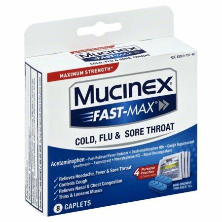 Mucinex Fast-Max Cold, Flu, And Sore Throat Caplets, 8 Count (Pack of 4)