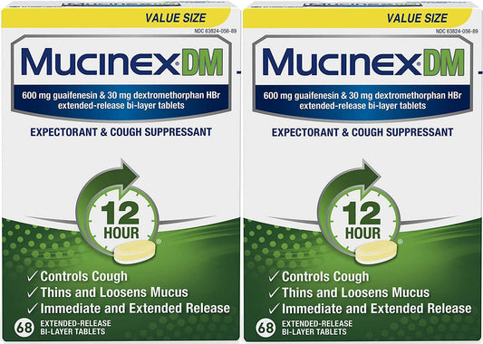 2 Pack Mucinex DM 12-Hour Expectorant Cough Suppressant 2x 68 Tablets Exp 11/23