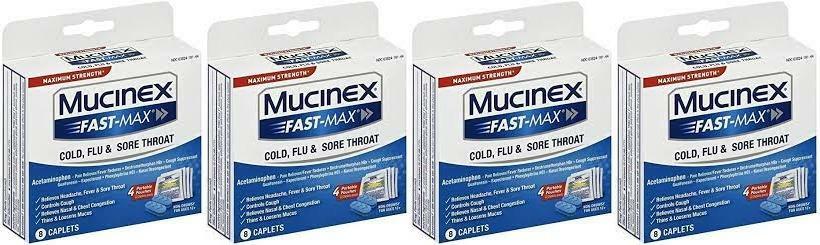 Mucinex Fast-Max Cold, Flu, And Sore Throat Caplets, 8 Count (Pack of 4)