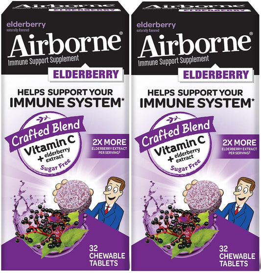 2 Airborne Immune Support Supplement Elderberry Flavor 32 Chew Tablets exp 6/23