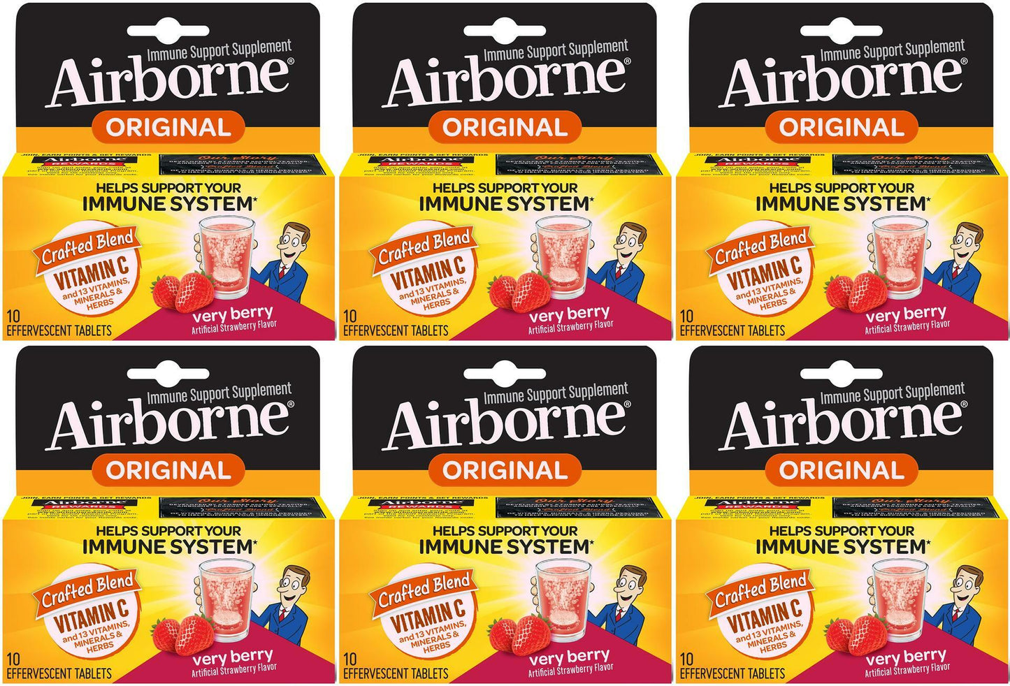 SIX 10ct Airborne Effervescent Very Berry Tablets Exp 1/2023