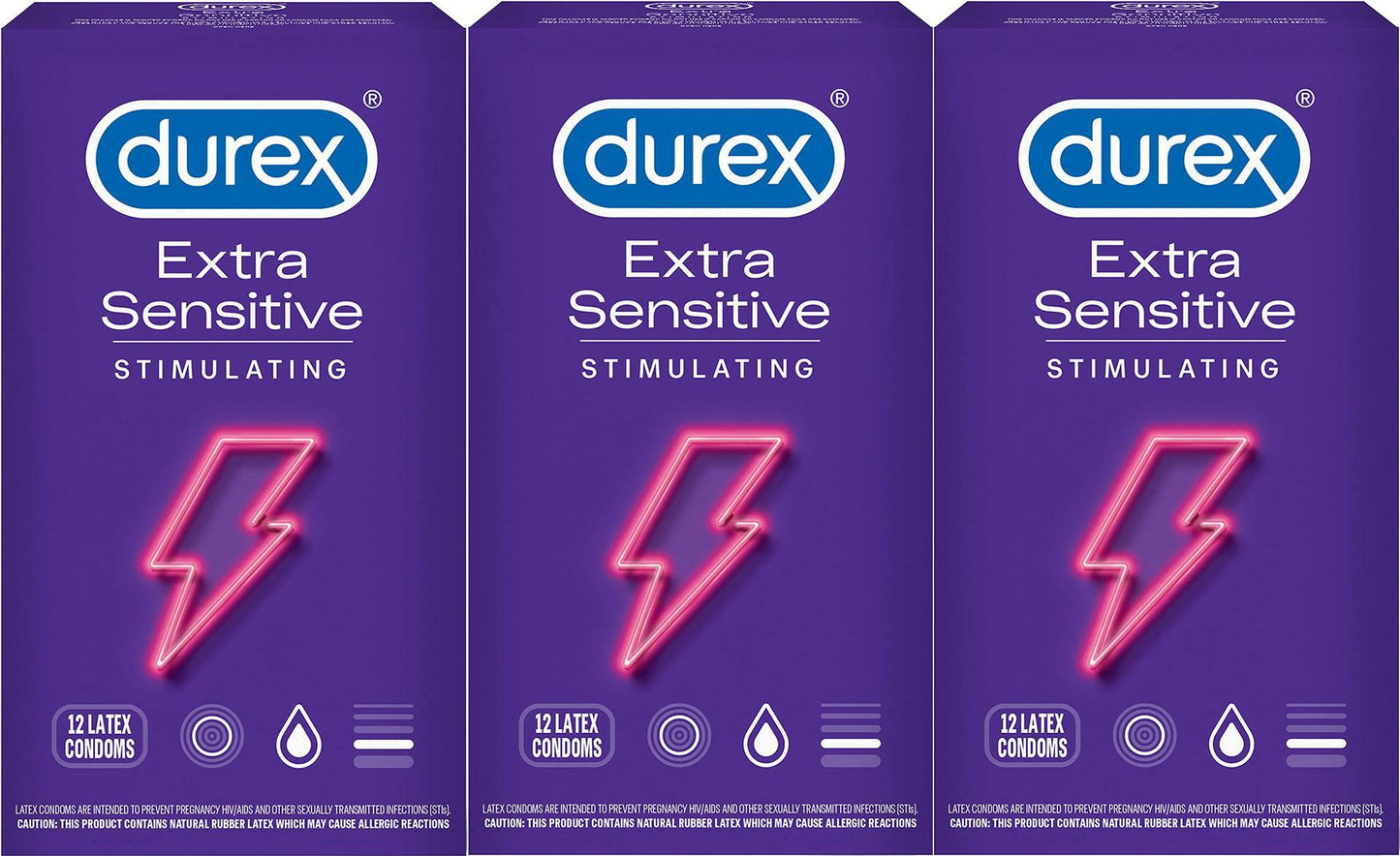 3 Pack Durex Extra Sensitive Latex Condoms W/ Tingling Lubricant 12 CT EACH