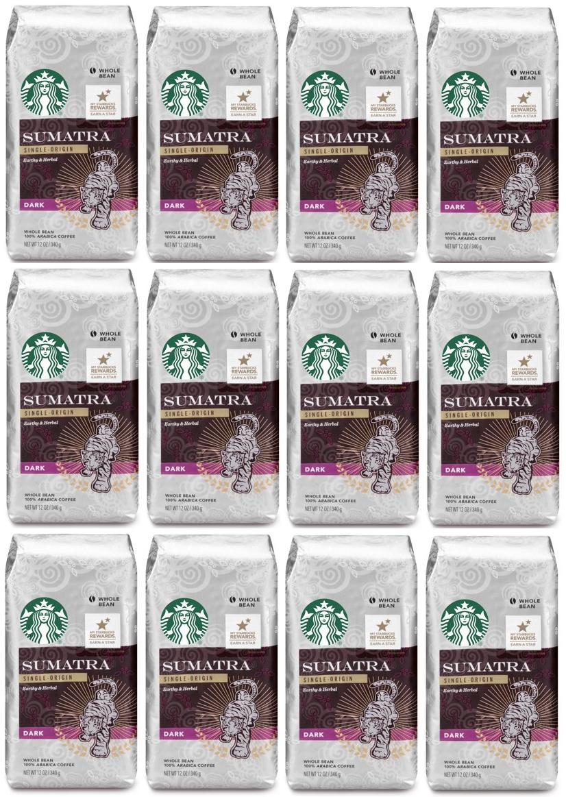 12 PACK Starbucks Sumatra Dark Roast Whole Bean 12-Oz Bags Best Before July 2020