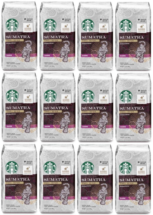 12 PACK Starbucks Sumatra Dark Roast Whole Bean 12-Oz Bags Best Before July 2020